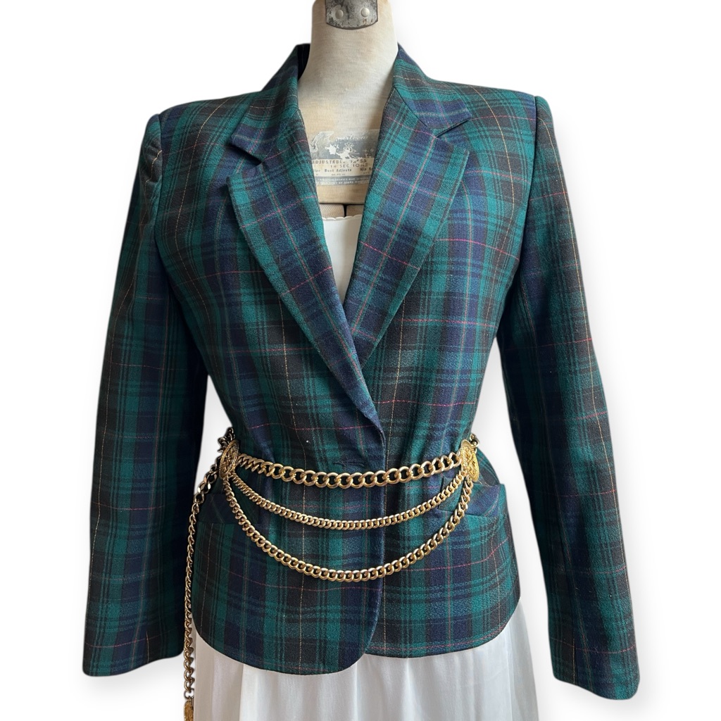 Vintage Koret Navy Teal Plaid Single Button Blazer Jacket